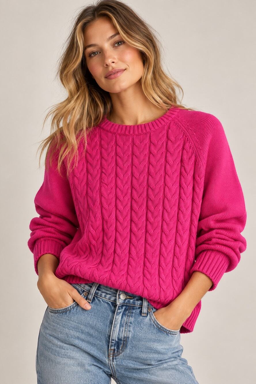 Lands’ End Drifter Cable-Knit Sweater – Bright Pink – XL
